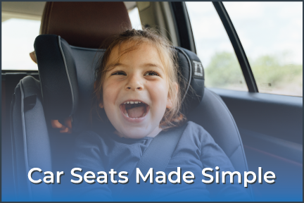 image of a little girl in a carseat and is smiling with a blue overlay